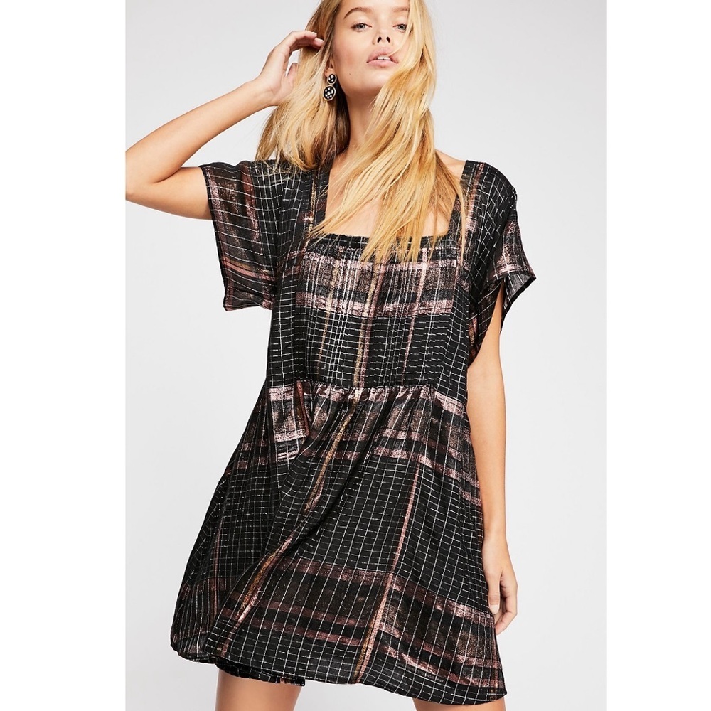 Free People Metallic Plaid Mini Dress Boho Babydoll Square Neck Black XS